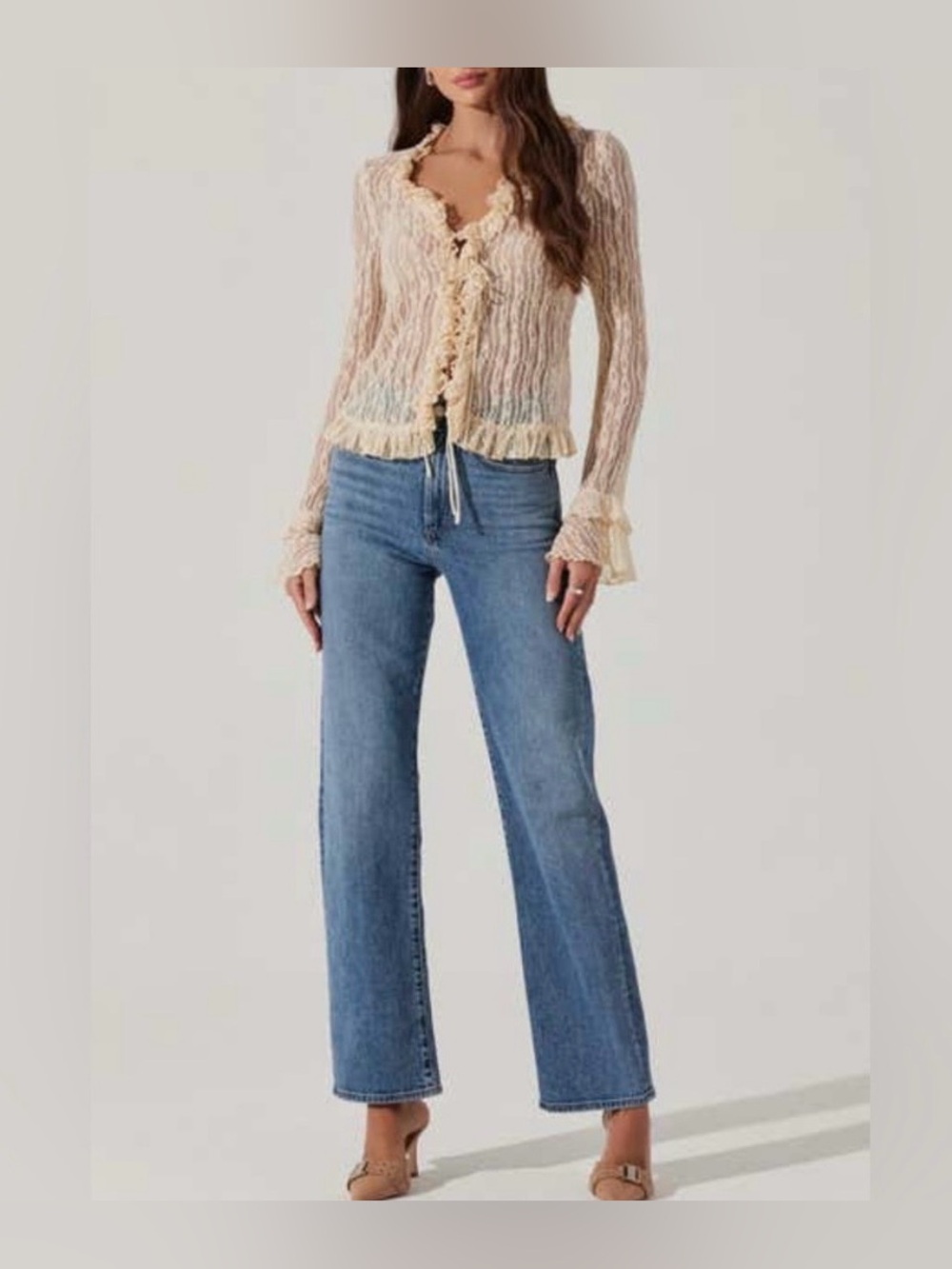 Astr Sheer Lace Ruffled Tie-Front Top - Cream. Size Small - Picture 2 of 10